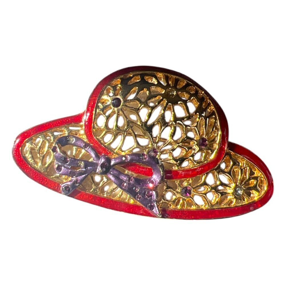 Vintage Enamel Gold Red Hat Society Red Outline Purple Bow Brooch Pin Pendant